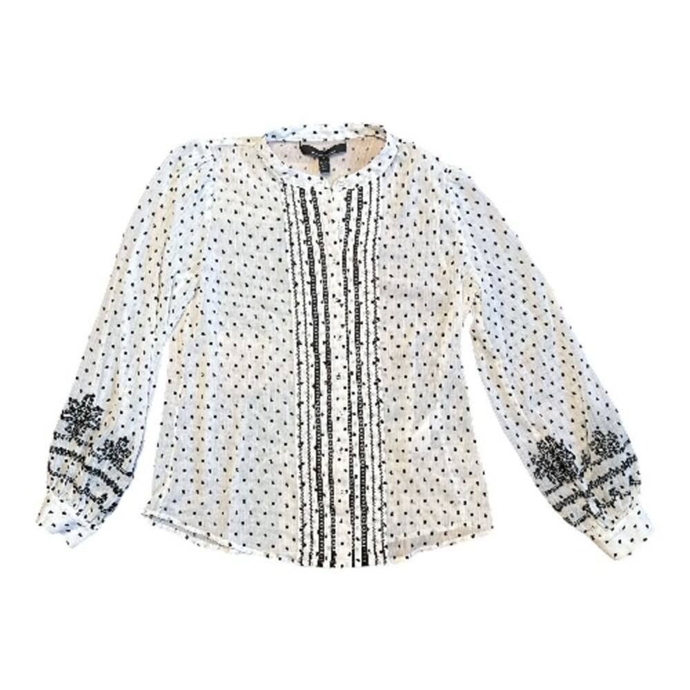 WHBM White Black Swiss Dot Button Up Blouse Top Size S NWOT